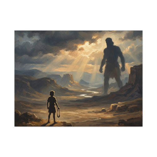 An oil painting style print on a stretched canvas depicting a young boy holding a sling, looking out across a sunlit desert valley toward the giant shadow silhouette of Goliath in the distance. - 1