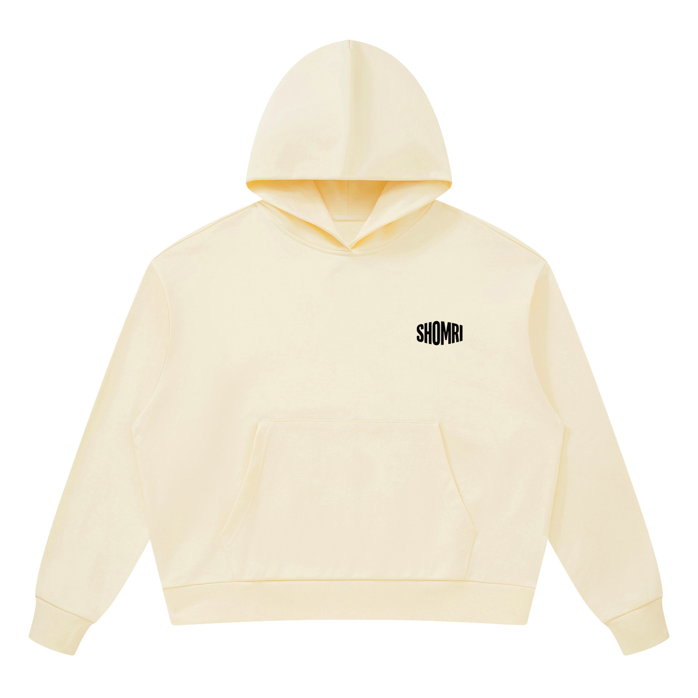 Shomri brand logo text printed on the left chest of a loose boxy cropped streetwear hoodie.2