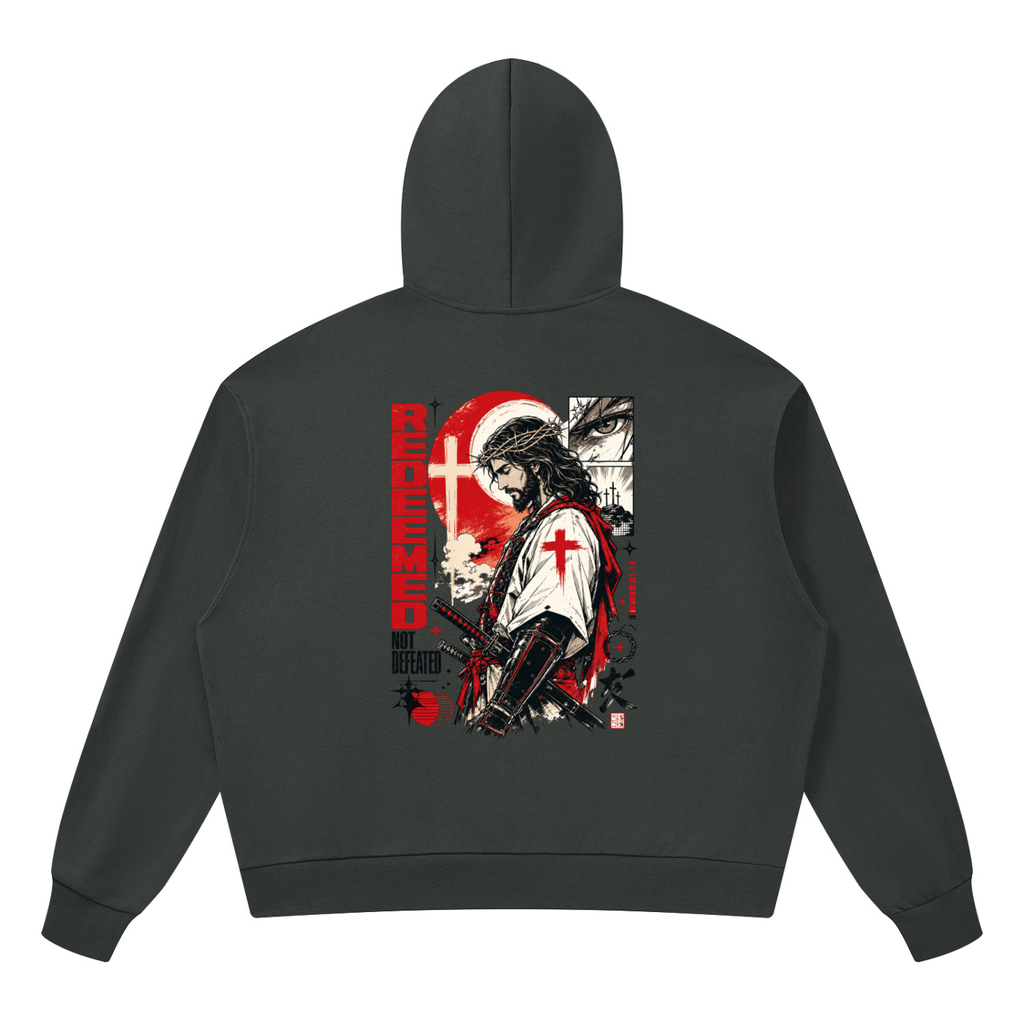  Detailed manga illustration on the back of a black Shomri hoodie showing Jesus with a crown of thorns and a katana sword. 5