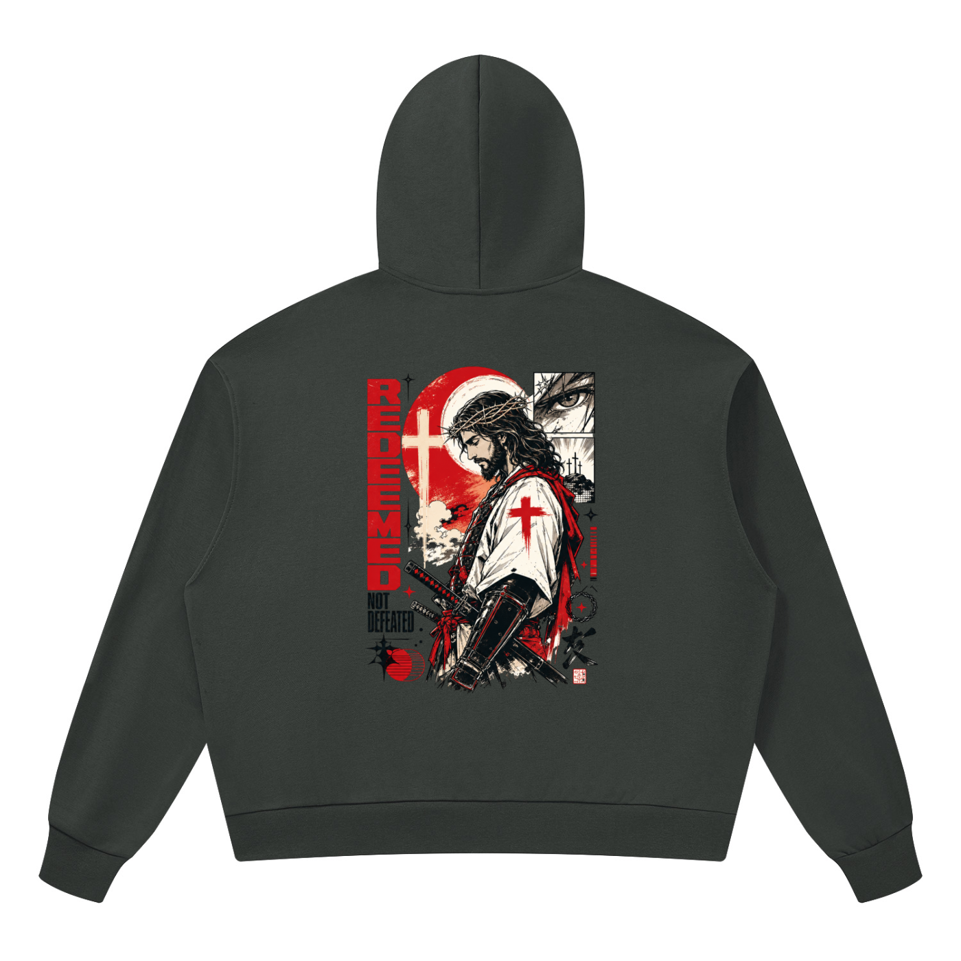  Detailed manga illustration on the back of a black Shomri hoodie showing Jesus with a crown of thorns and a katana sword. 5