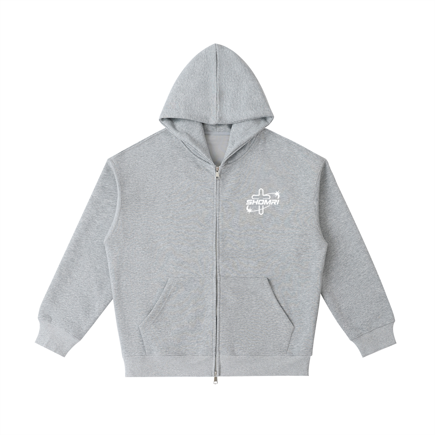 Front view of the Shomri Star Zip-Up Hoodie in grey, featuring a premium heavy-fleece boxy streetwear silhouette with a custom white star cross graphic printed on the left chest.
