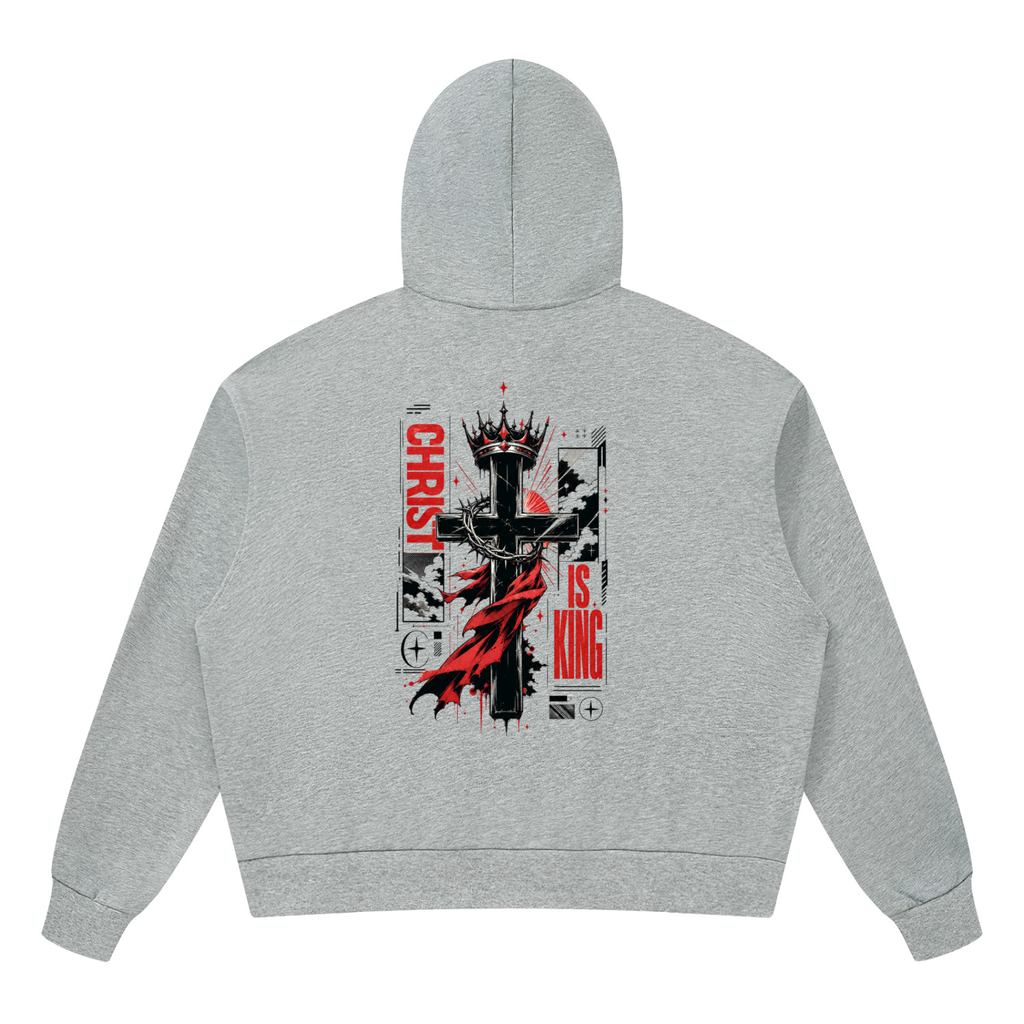 High contrast dark anime style cross graphic with red accents printed on the back of a Shomri streetwear hoodie. 3