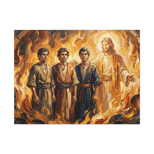 An impasto oil painting print on a stretched canvas depicting Shadrach, Meshach, and Abednego standing unharmed inside a roaring, fiery furnace alongside a glowing divine figure representing Jesus Christ. - 1