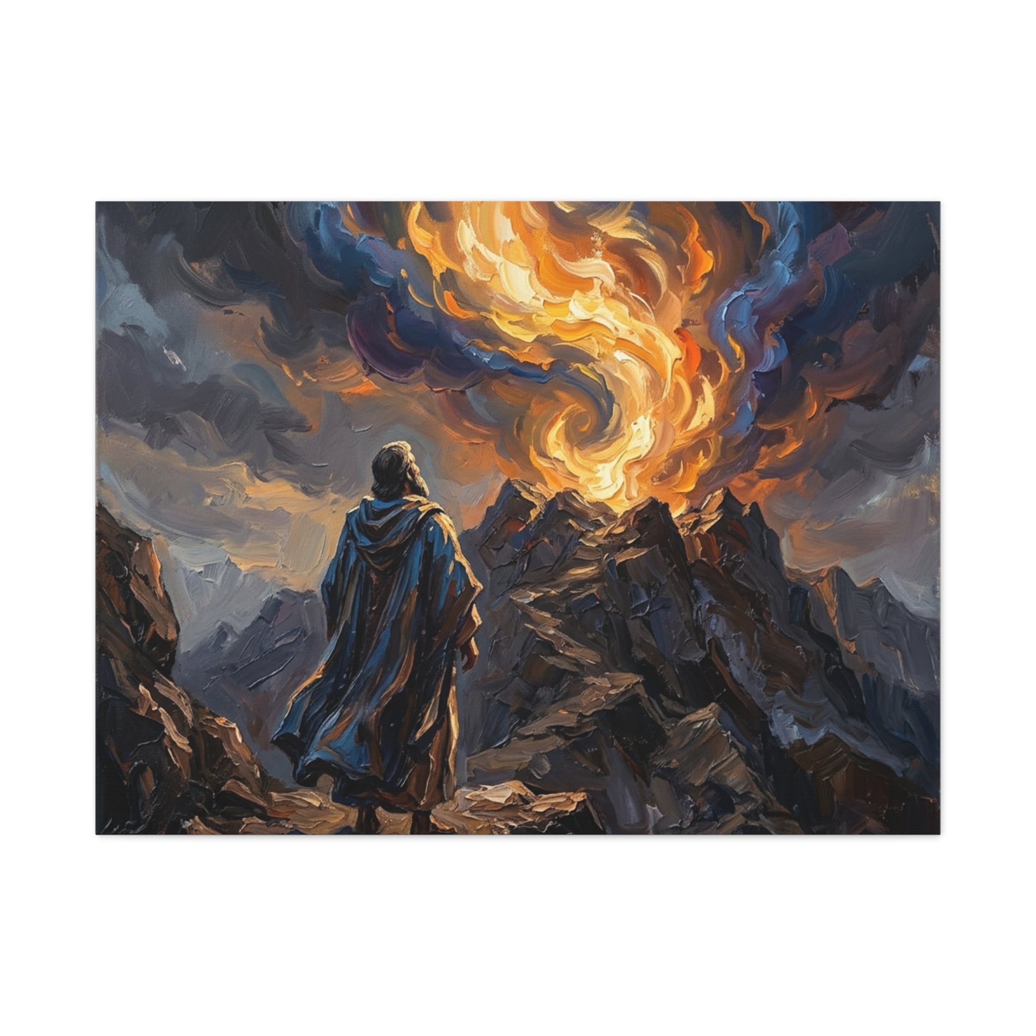 An impasto oil painting print on a stretched canvas depicting a robed biblical prophet figure from behind, standing before a dramatic, swirling pillar of orange and blue fire on top of Mount Sinai. - 1