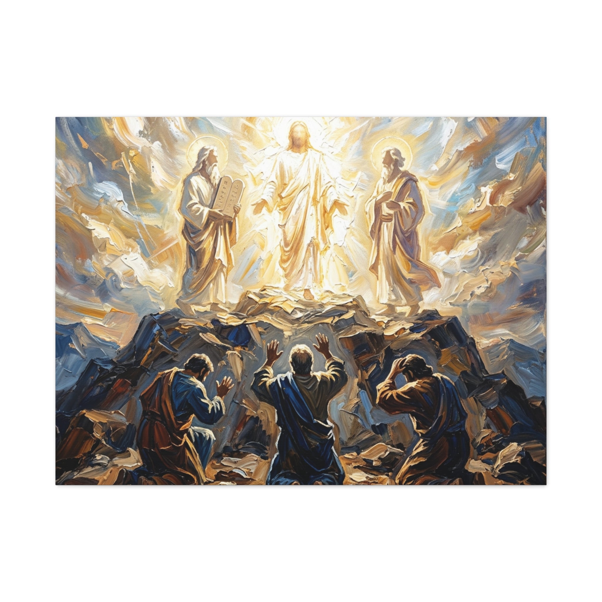 An impasto oil painting print on a stretched canvas depicting Jesus Christ standing in bright, blinding golden glory on a mountaintop, flanked by two biblical figures while three disciples look up in awe from the rocky terrain - 1